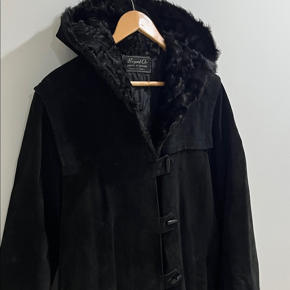VINTAGE Women’s Suede Leather Coat S-M Black Jacket Hood Trench Faux Fur Lining
